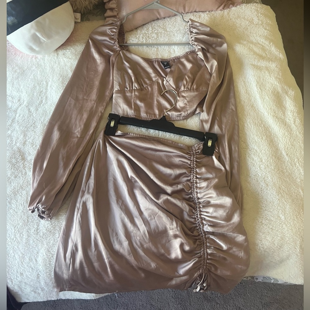Windsor Satin Ruched Blouse in Champagne with matching skirt